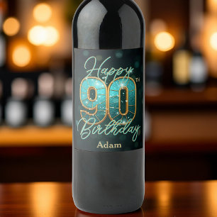 Elegant Chic Teal and Gold Metallic 90th Birthday Wine Label
