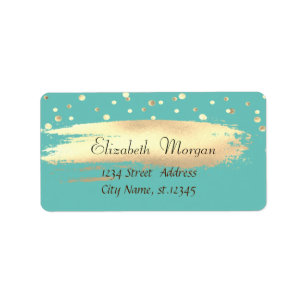 Elegant Chic Teal, Gold Confetti, Brush Stroke Label