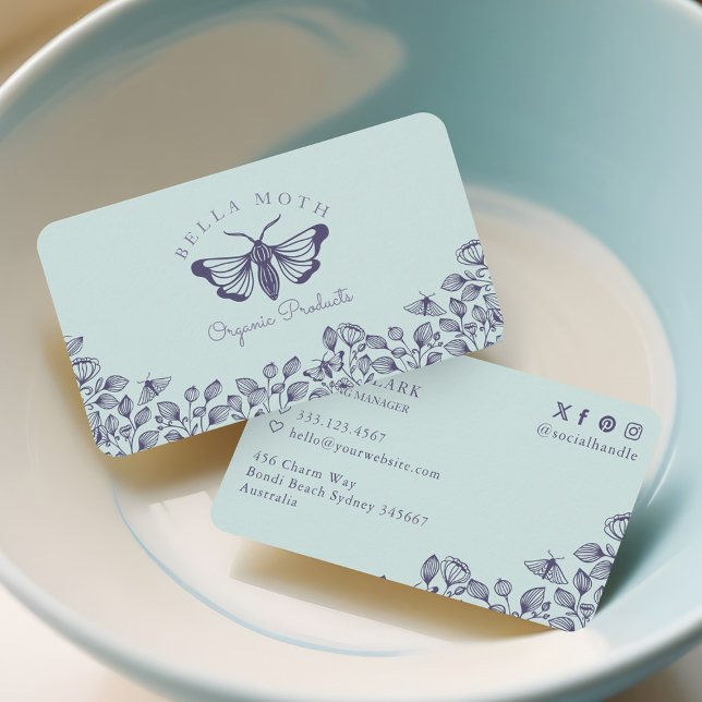 Elegant & Chic Teal & Purple Florals & Moth Logo Business Card (Elegant & Chic Teal & Purple Florals & Moth Logo Business Card)