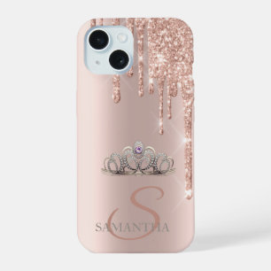 Elegant Chic Tiara Rose Gold Glitter Drips iPhone 15 Case