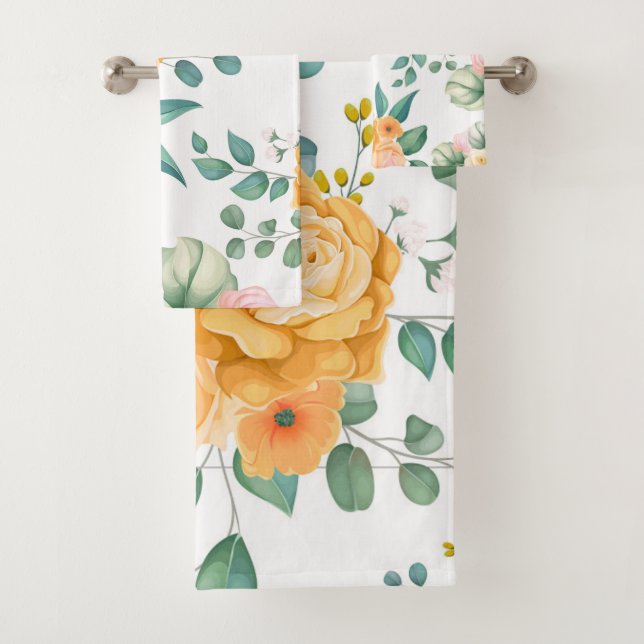 Elegant chic trendy orange floral  bath towel set (Insitu)
