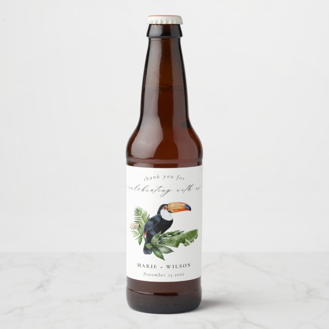 Elegant Chic Tropical Rainforest Toucan Wedding Beer Bottle Label (Front)