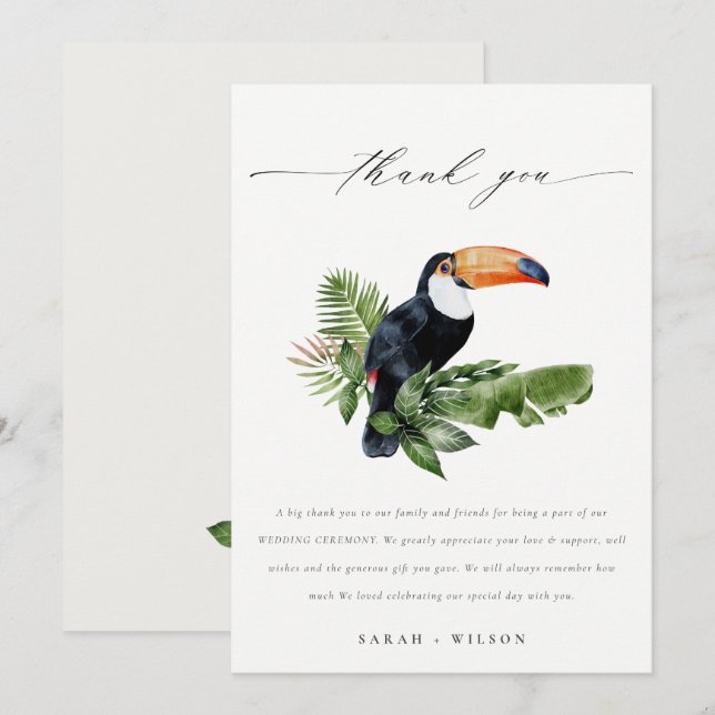 Elegant Chic Tropical Rainforest Toucan Wedding Thank You Card (Front/Back)