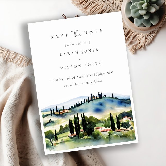 Elegant Chic Tuscany Italy Watercolor Landscape Save The Date (Creator Uploaded)