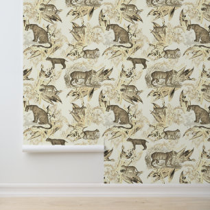 Elegant Chic Vintage Beige Toile Wild Cats Jungle Wallpaper