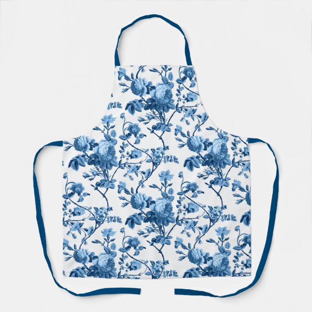 Elegant Chic Vintage Blue Rose Floral Apron (Front)