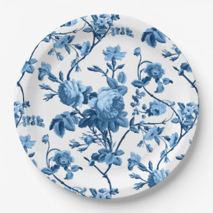 Elegant Chic Vintage Blue Rose Floral Paper Plate