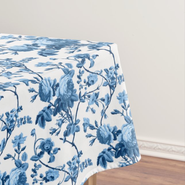 Elegant Chic Vintage Blue Rose Floral Tablecloth (In Situ)