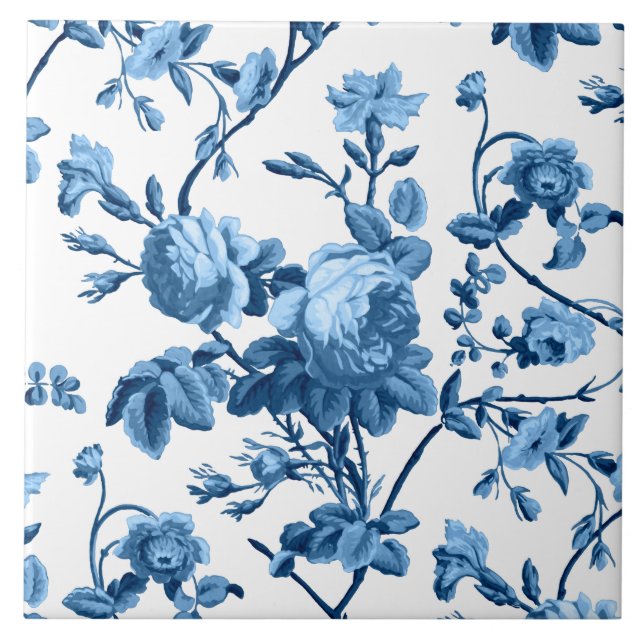 Elegant Chic Vintage Blue Rose Floral Tile (Front)