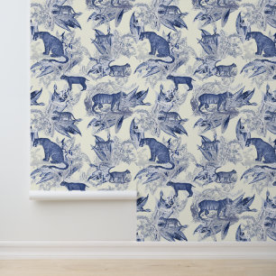 Elegant Chic Vintage Blue Toile Wild Cats Jungle Wallpaper