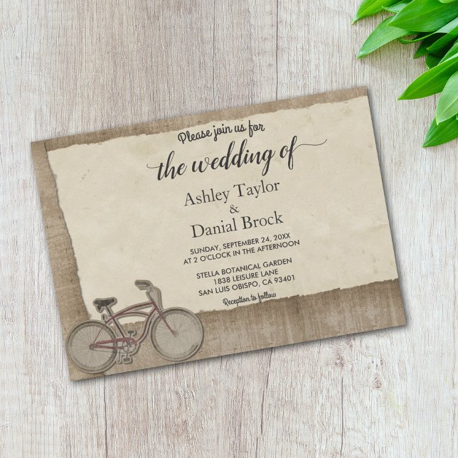 Elegant Chic Vintage Cycling Rustic Wood Wedding Invitation (Creator Uploaded)