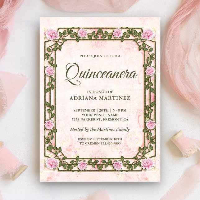 Elegant Chic Vintage Rustic Pink Roses Quinceanera Invitation (Creator Uploaded)