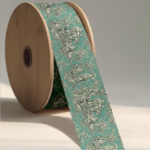 Elegant Chic Vintage Teal Grey Toile Ribbon Satin Ribbon
