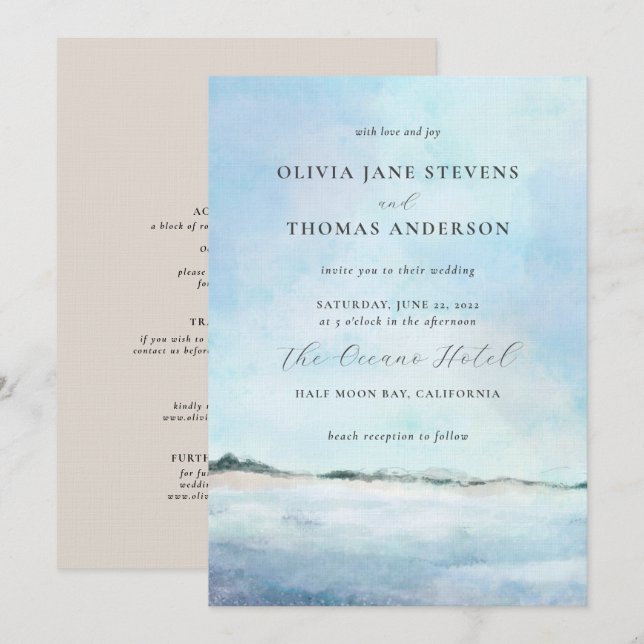 Elegant Chic Watercolor Beach All in One Wedding Invitation (Front/Back)