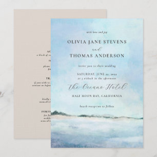 Elegant Chic Watercolor Beach All in One Wedding Invitation