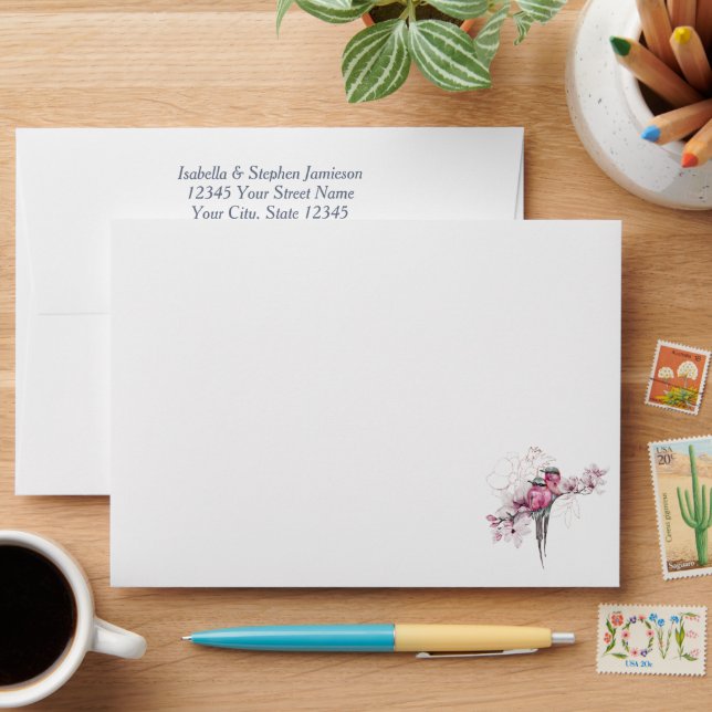 Elegant Chic Watercolor Birds Floral Custom Name Envelope (Desk)