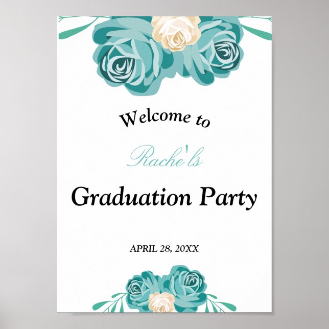 Elegant chic watercolor blue Floral Graduation Poster (Front)