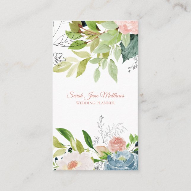 Elegant chic watercolor botanical wedding planner business card (Front)