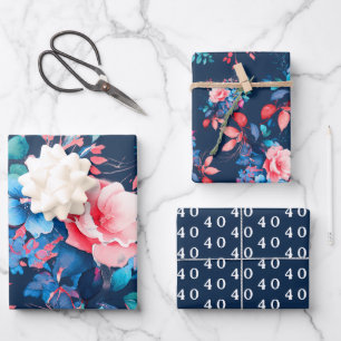 Elegant Chic Watercolor Floral 40th Birthday Navy  Wrapping Paper Sheet
