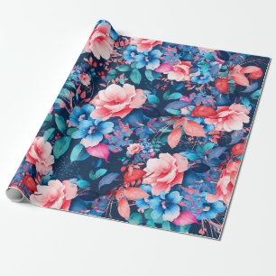 Elegant Chic Watercolor Floral Birthday Navy Blue  Wrapping Paper