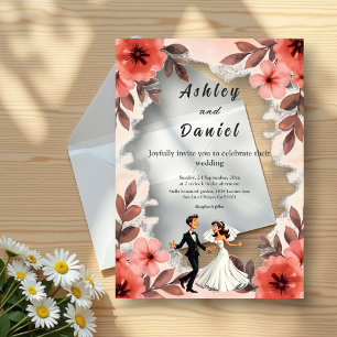 Elegant Chic Watercolor Floral Bride Groom Wedding Acrylic Invitations