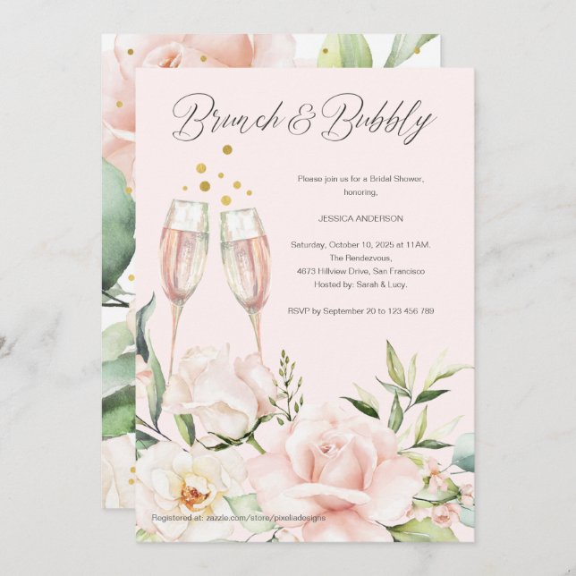 Elegant chic watercolor floral champagne bridal  invitation (Front/Back)