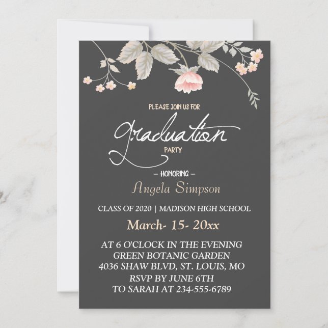 Elegant  chic watercolor Floral  Graduation CARD (Front)