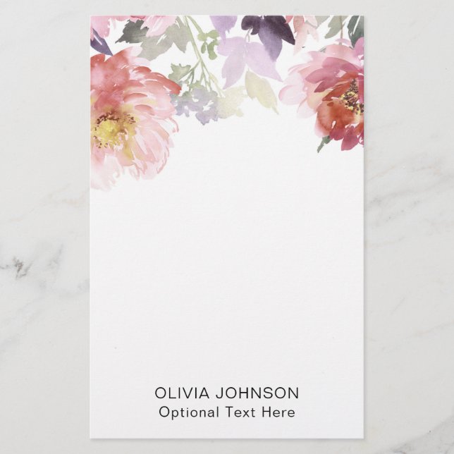 Elegant Chic Watercolor Floral Monogram Name Stationery (Front)
