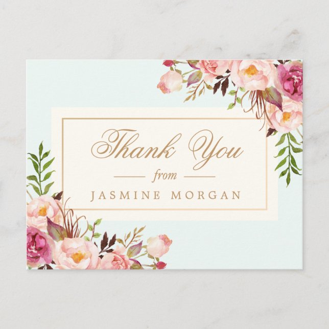 Elegant Chic Watercolor Flowers Thank You Postcard (Front)