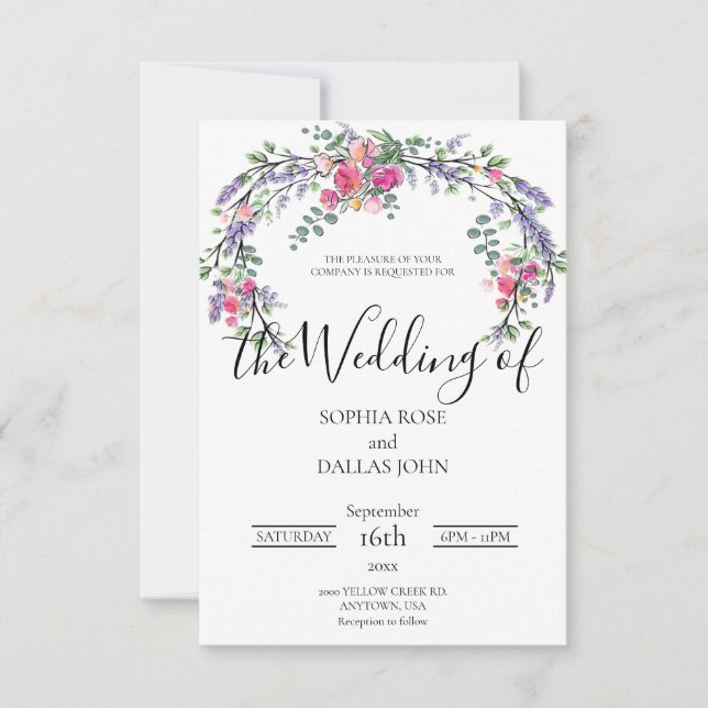 Elegant chic watercolor lavender Pink rose Wedding Invitation (Front)