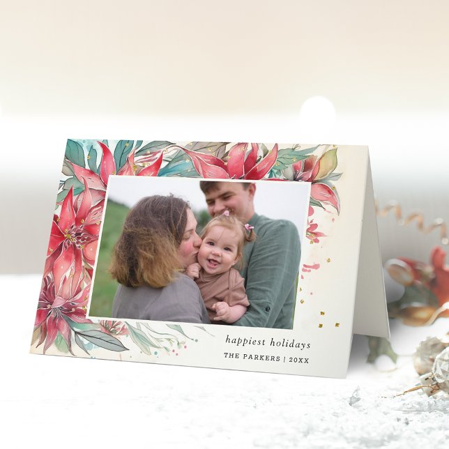 Elegant Chic Watercolor Poinsettia Botanical Photo Holiday Card (Creator Uploaded)