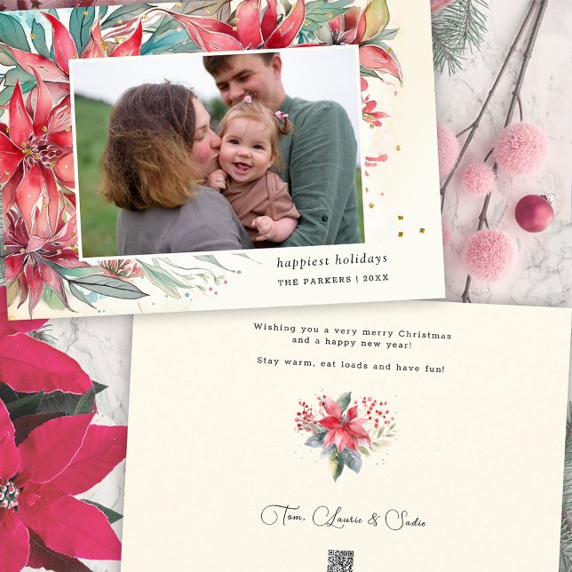 Elegant Chic Watercolor Poinsettia Botanical Photo Holiday Card (Creator Uploaded)