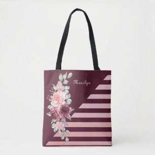Elegant Chic Watercolor Rose Pink Burgundy Floral Tote Bag