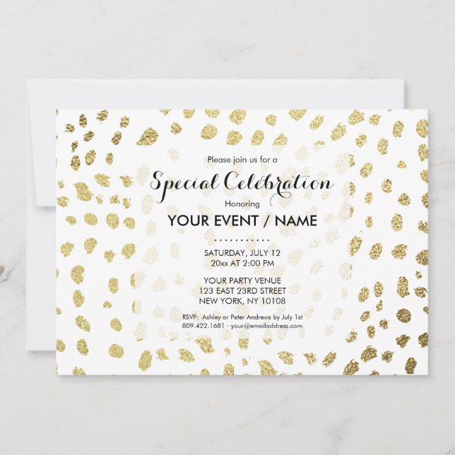 Elegant chic white faux gold polka dots pattern invitation (Front)