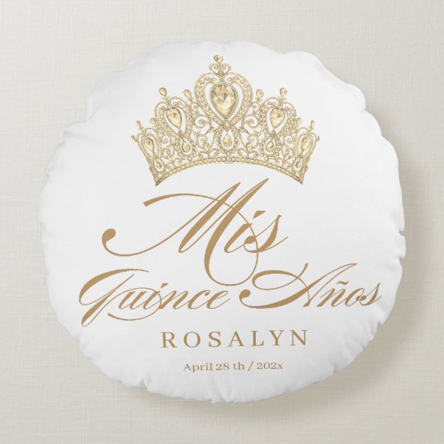 Elegant Chic White Gold Quinceanera  Round Cushion (Front)