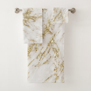 Elegant chic white gray gold glitter marble bath towel set