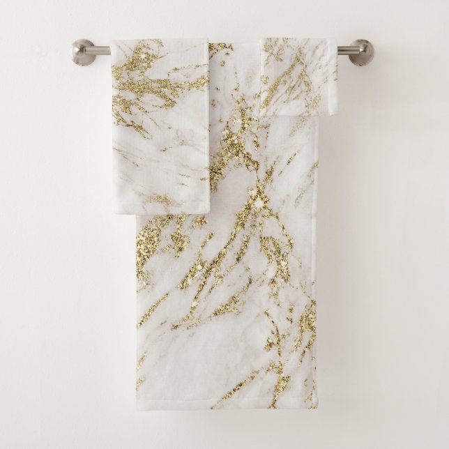 Elegant chic white gray gold glitter marble bath towel set (Insitu)