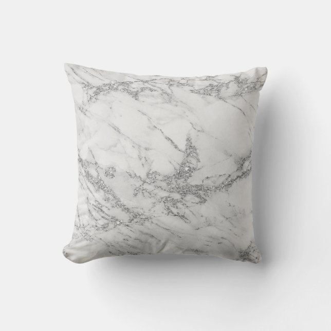 Elegant chic white grey silver glitter marble cushion (Front)