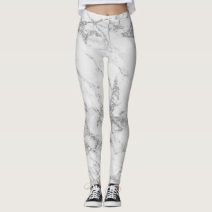 Elegant chic white grey silver glitter marble leggings