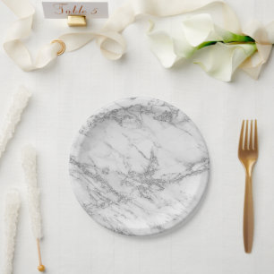 Elegant chic white grey silver glitter marble paper plate