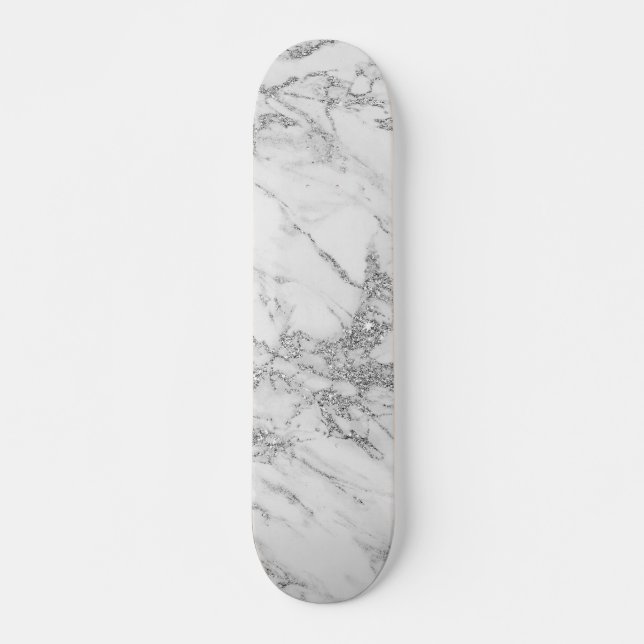 Elegant chic white grey silver glitter marble skateboard (Front)