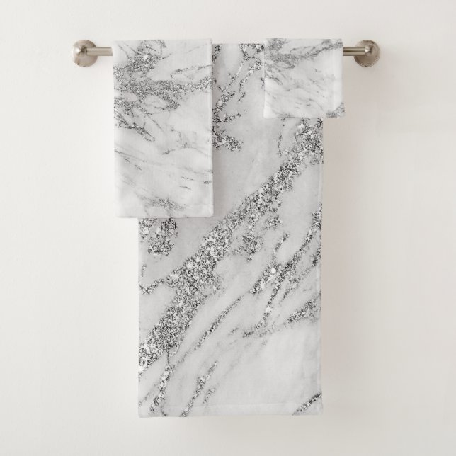 Elegant chic white grey silver marble bath towel set (Insitu)