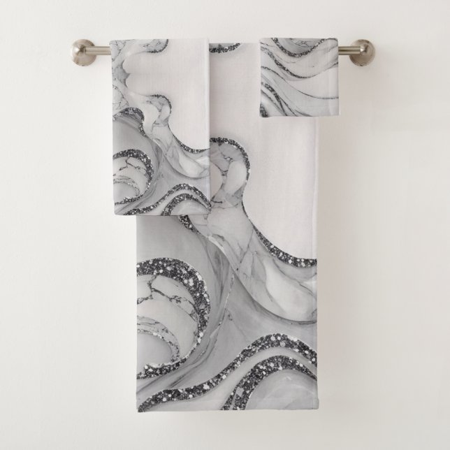 Elegant chic white grey silver marble Patterns Bath Towel Set (Insitu)