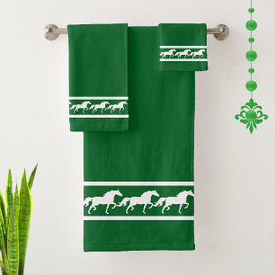 Elegant, Chic White Horses on Forest Green Bath Towel Set