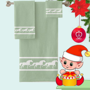 Elegant, Chic White Horses on Laurel Green Bath Towel Set