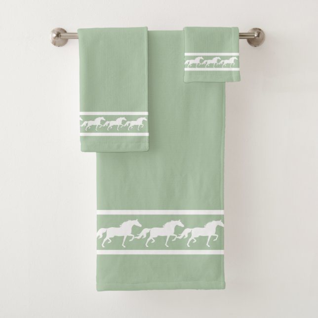 Elegant, Chic White Horses on Laurel Green Bath Towel Set (Insitu)