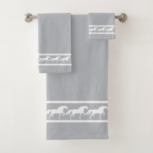 Elegant, Chic White Horses on Light Silver Grey Bath Towel Set