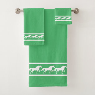 Elegant, Chic White Horses on Lucky Emerald Green Bath Towel Set