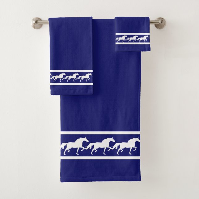 Elegant, Chic White Horses on Navy Blue Bath Towel Set (Insitu)