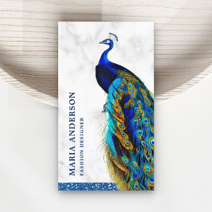 Elegant Chic White Marble Blue Indian Peacock Business Card